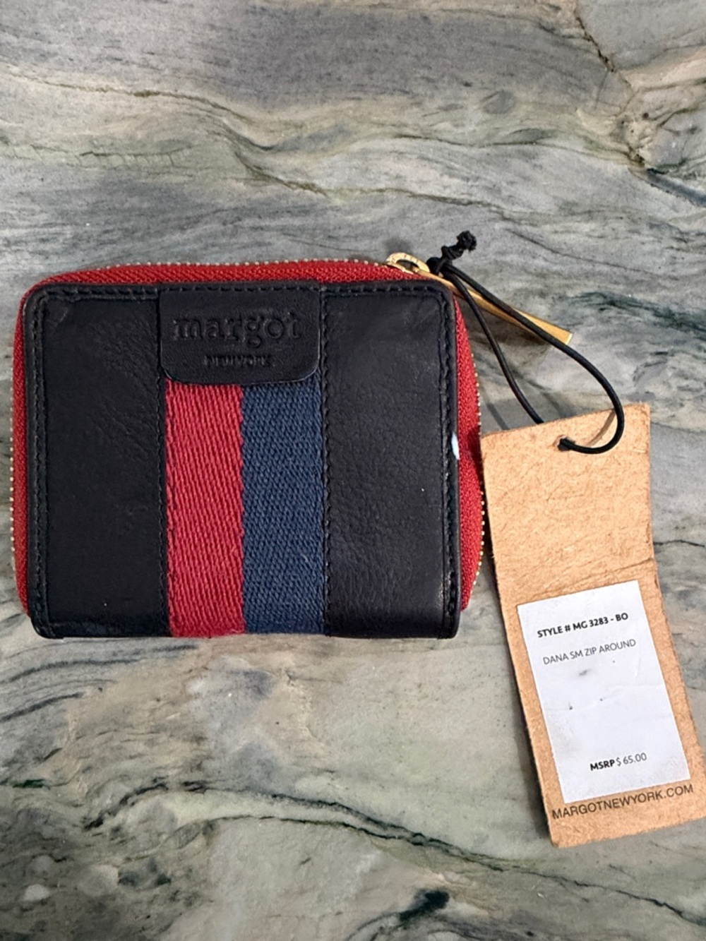 margot Black Leather Zip Wallet with Red and Blue Stripes
